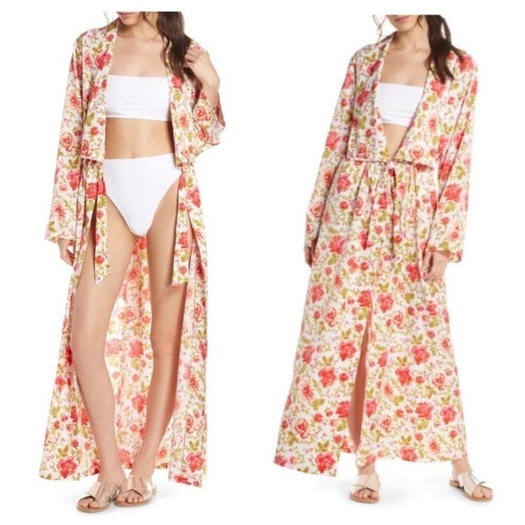 Something Navy Jacket Women 2XL Red Floral Maxi Duster Boho Summer Preppy Dainty - Picture 1 of 16